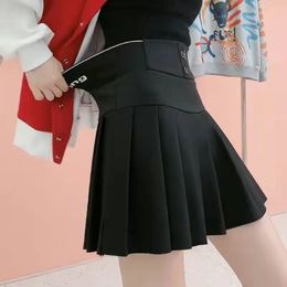 Skirts Y2K Harajuku Button Letter Printed Pleated Skirt Elastic High Waist ALine Mini Korean Fashion School Kawaii Women 230720