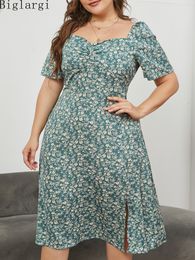 Plus size Dresses Plus Size Square Neck Bifurcate Floral Print Summer Women Dress Retro Ladies Casual Dresses Korean Woman Midi Dress 230720