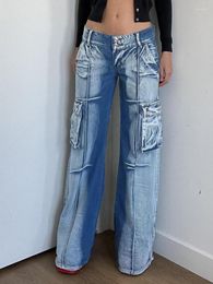 Women's Jeans WeiYao Blue Washed Low Rise Y2K Streetwear Pockets Stitch Cargo Pants Women Vintage 90s Aesthetic Casual Denim Trousers