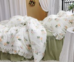 Bedding Sets American Style Pastoral Set Luxury Egyptian Cotton Bed Flowers Print Princess Lace Duvet Cover Skirt Pillowcases