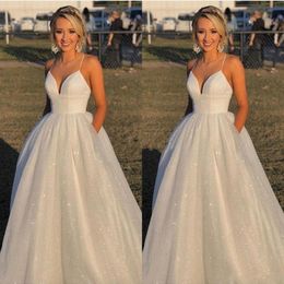 Beach Bohemian Simple Shiny Plus Size A Line Wedding Dress Bridal Gowns Spaghetti Straps V-Neck Sweep Train Country Style With Poc201T