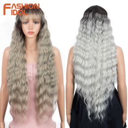 Synthetic Wigs 30inch Synthetic Wig Long Water Wave Cosplay Wigs for Black Women Ombre Brown High Temperature Fibre Wavy Fake Hair 230227