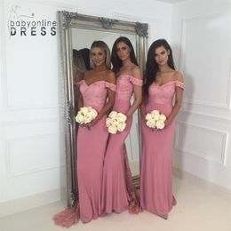 Pink Mermaid Bridesmaid Dresses Elegant Off Shoulder Appliques Top Long Train Maid of Honour Gowns Wedding Guest Evening Prom Wear 316j