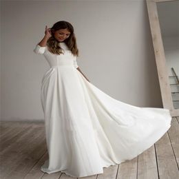 Simple Wedding Dress Long Sleeves A Line Crepe Boat Neck Elegant Bridal Dresses With Pockets Plus Size robe de mariee270T