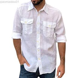 Men's Casual Shirts Men Cotton Linen Collared Dress Shirt Long Sleeve Blouse Button Down Shirts Tops Mens Casual Summer T-shirt L230721