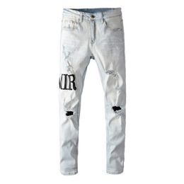 Miri Jeans Mens Designer Jeans Letter Brand Logo White Black Rock Revival Motorcycle Trousers Biker Pants Man Pant Broken Hole Embroidery Size 28-40 Quality Top 9MN6