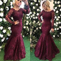 Burgundy Lace Mermaid Mother of the Bride Dresses Pearls Beading Neck Long Sleeve Floor Length Wedding Party Formal Evening Gowns 3021