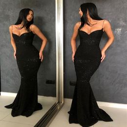 Custom Made Sexy Black Prom Dresses Full Sequins Spaghetti Straps Open Back Mermaid Long Evening Gowns Plus Size Sleeveless Pagean354i