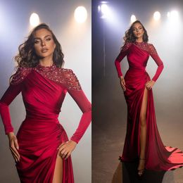 Gorgeous Red Mermaid Prom Dress Beading Long Sleeve Side Split Evening Dress High Neck Formal Gowns Party Wear