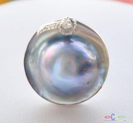 Cluster Rings P4299 HUGE REAL 22MM Gray-Blue South Sea Mabe Pearl 925Silver Ring