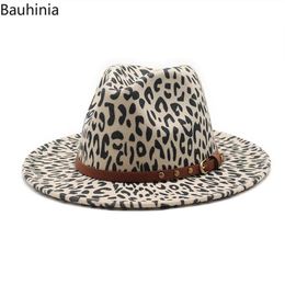 Bauhinia Women Fashion Vintage Wide Brim Hard Felt Fedora Hat Leopard Print Cap Band Decor Trilby Panama Formal Hats2611