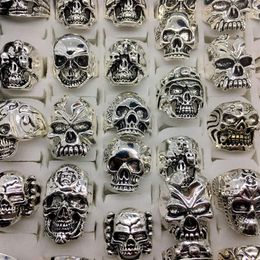 Whole Lots Top 50pcs Vintage Skull Carved Biker Men's Silver Plated Rings Jewellery All Big Size224S