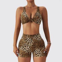 Active Sets Gym Set Cup Bra Leopard Yoga Suit Tight Sportswear Honey Peach Hip Lift High Waist Leggings Fitness Female Shorts XL
