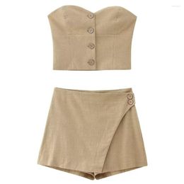 Women's Tracksuits 2023 Fashion Sexy Wrapped Chest Linen Short Tank Top Retro V-neck Button Vest Unique Shorts Set