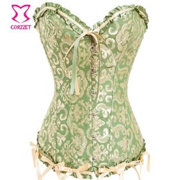 Green Gold Elegant Jacquard Overbust Corset Gothic Clothing W Ribbon Bow Sexy ett For Women Victorian Corsets and Bustiers2670