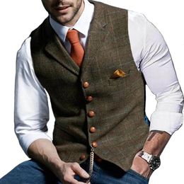 Men's Wool Plaid Groom Vests Groomsmen Attire Tweed Business Suit Jacket Formal Groom's Wear Suit Vest Men's Weddin347O