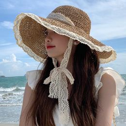 Wide Brim Hats 2023 Fashion Women Summer Foldable Sun Hat Large Beach Ladies Chapeau Femme Lace Edge Straw