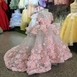 Real Picture New Flower Girls Dress Baby Girl Clothes Lace 3D Flowers Applique Puffy Tulle Kids Birthday Gown Custom Made280V