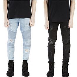 Whole-rock star clothing designer pants slp blue black destroyed menstrousers slim denim straight biker skinny pants men rippe309L