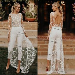 lace floral beach bridal jumpsuit with train 2021 long sleeve backless bohemian summer holiday wedding dress with pant suit285B