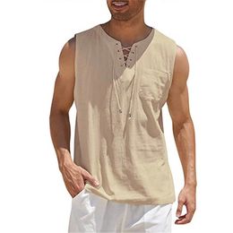 Mens Casual Shirts Cotton Linen Leeveless Vest Bandage Lace Up Blouse Retro V Neck Fashion Loose Shirt Male Solid Colour Clothes 230720