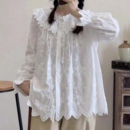 Women's T Shirts 2023 Sen Loose And Thin Lace Up Doll Neck Sweet Cotton Embroidered Long Sleeve Shirt