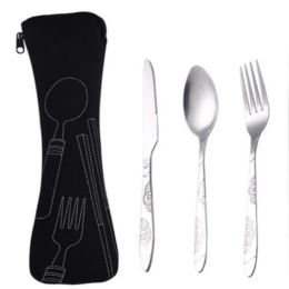 Knife Fork Spoon Set Cutlery Set Tableware Dinner Lunch Set Bags Print Carving Stainless Steel Cutlery School Picnic Camping Eating Tool LL