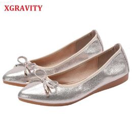 Dress Shoes XGRAVITY 2023 Butterfly Knot Flats Ballet Flat Shoes Women Spring Autumn Butterfly Pointed Toe Silver Foldable Shoes A252 L230721