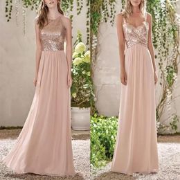 Elegant Rose Gold Sequins Chiffon Long Bridesmaid Dresses Halter Backless Straps Ruffles Wedding Guest Plus Size Maid Of Honour Gow2738