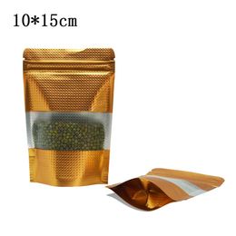 100pcs lot 10 15cm Gold Embossed Surface Zip Lock Package Bag Stand Up Resealable Zip lock Packing Pouch Food Storage Mylar Bag wi293K