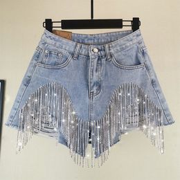 Womens Shorts Summer Ripped Jeans Short Femme High Waist Diamond Tassel Casual Bottoms For Ladies Denim Shorts Women Clothing Fashion 230720