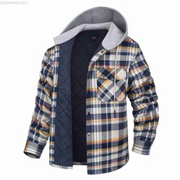 Men's Jackets Men Plaid Shirts Jackets Harajuku Hooded Shirts Winter Coats Long Sleeve Basic Casual Fleece Shirts Jackets European Style L230721