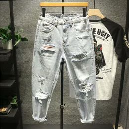 Mens Pants Ripped Jeans for Men Vintage Clothes Patch Hole Beggar Pants Jean Baggy Light Color 90s Streetwear Vintage Trousers 230720