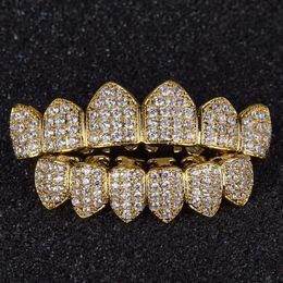 Luxury Design Diamond Teeth Grillz Gold Vampire Fangs CZ Grillz for Men Women Top Bottom Grillz with Molding Bar270t