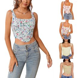 Women's Tanks Women Floral Print Fishbone Camisoles Sleeveless Backless Sexy Tank Tops Summer Vests Crop Streetwear