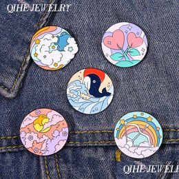 Pins Brooches Scenery Brooch Enamel Pin Sunset Rainbow Seaside Whale Natural Badge Metal Lapel Backpack Accessories Gift Friends Je Dhpmn