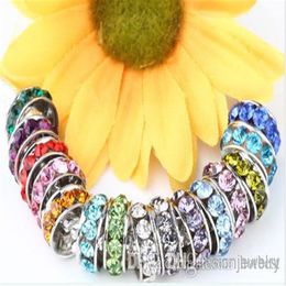 k353 100 pcs lot 10mm 12mm White mixed multicolor Rhinestone Silver Plated Big Hole Crystal European Beads spacer Loose Bead Brac280G