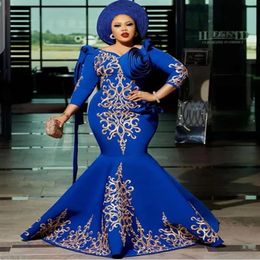 Royal Blue Arabic Women Mermaid Evening Dresses Robe De Soiree Satin Mother of the Bridal Gowns 3 4 Sleeves Plus Size Formal Party325b