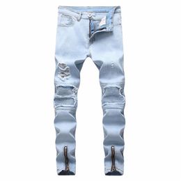 Top quality 2020 whole Casual Biker jeans men's jeans pale blue hole locomotive foot biker motorcycle Zipper men's176T