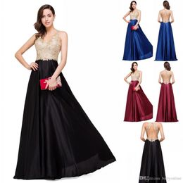 Sexy Backless Lace Satin Evening Dress A Line V Neck Gold Appliques Prom Gowns Robe De Soiree Cheap CPS358192x