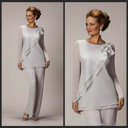 Silver Chiffon Two Pieces Mother Of The Bride Pants Suit For Wedding Mother's Groom Pantsuits Long Sleeve Mothers Formal Wear267i