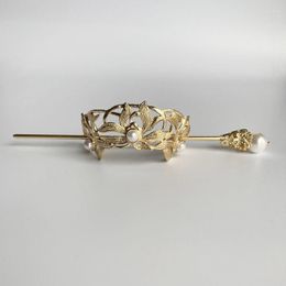 Hair Clips Chinese Gold Plated Leaves Pearl Crown Set Ancient Headdress