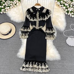 Basic Casual Dresses Retro Embroidery Flower Mermaid Dress Female Elegant Slim Ruffle Party Fashion Streetwear Autumn Midi 230720