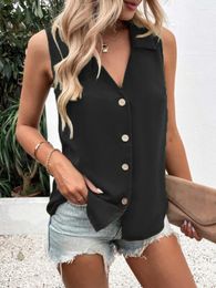 Women's Blouses Casual And Fashionable Loose Fitting Chiffon Shirt For Women 2023 Summer Sleeveless V-neck Solid Single Breasted Lapel