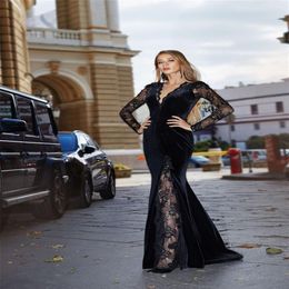 Sexy High-split Black Mermaid Evening Dresses Newest Long Sleeves Velvet Lace Formal Party Gown Custom Made Prom Dress Red Carpet 239Z