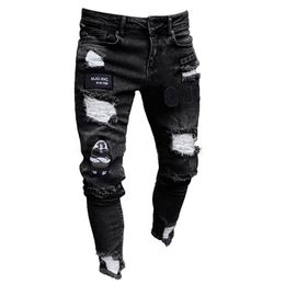 Men's Jeans Men Stretchy Ripped Skinny Biker Embroidery Print Destroyed Hole Taped Slim Fit Denim Scratched266R