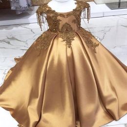 Gold Crystal Long Flower Girls Dress Pageant Dresses Beaded 2021 Toddler Infant Clothes Little Kids Birthday Gowns2239