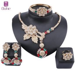 African Jewelry Charm Crystal Necklace Earrings Dubai Gold Jewelry Sets for Women Wedding Bridal Bracelet Ring Jewellry Set2021