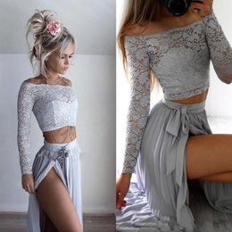 2019 Sexy Two-Pieces Split Side Lace Top Prom Dresses Off The Shoulder A Line Chiffon Illusion Long Sleeve Party Gowns246G