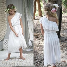 Pretty White Chiffon Lace Country Boho Flower Girl Dresses For Wedding 2017 One Shoulder High Low Beach Casual Dress Custom Made E254P